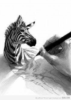 a pencil drawing of a zebra's head with its mouth open next to a pen