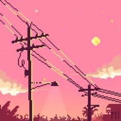 an image of a pink sky with power lines in the foreground