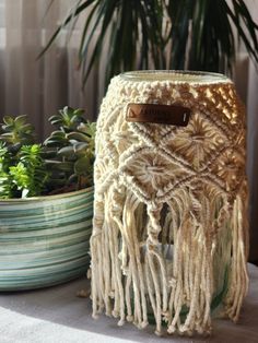 a crocheted pot holder sitting next to a plant