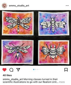 four different pictures of dragonflies in watercolor and ink, each with an individual's own name