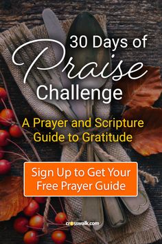 the cover of 30 days of praise challenge, with autumn leaves and silverware on it