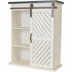 a white cabinet with sliding doors and shelves