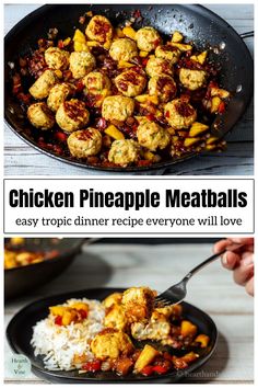 chicken pineapple meatballs in a skillet with rice