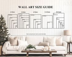 the wall art size guide is displayed in front of a white couch and coffee table