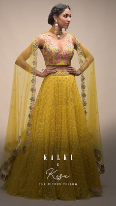 Citrus Lehenga And Crop Top With Resham Embroidered Spring Blossoms 