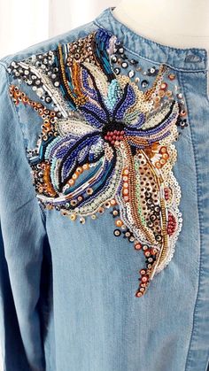 Customized Denim, Jeans Custom, Embroidered Denim Shirt, Clothes Embroidery Diy, Embellished Clothing, Custom Jeans, Embroidery Jeans