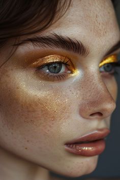 22+ Glamorous Gold Eyeshadow Ideas Soft Gold Eyeshadow, Self Love Art, Foil Eyeshadow, Normal Makeup, Make Up Gold, Gold Makeup Looks, Eyeshadow Ideas, Gold Eye Makeup