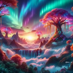 an image of a fantasy scene with trees and waterfall