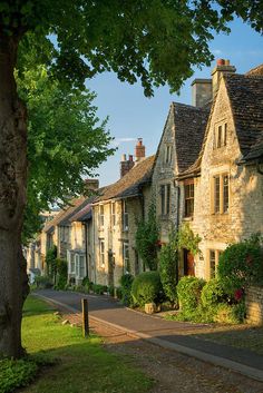 a row of stone houses with trees in the foreground