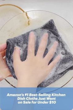 someone cleaning a plate with a cloth on it and the words amazon's best - selling kitchen dishcloths just went on sale for under $ 10