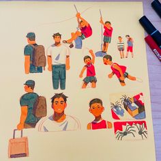 a drawing of people and luggage on a piece of paper next to some marker pens