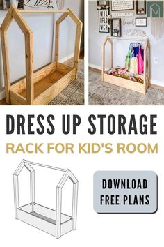 the diy dress up storage rack for kids'room is shown with instructions to make it