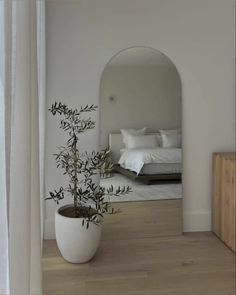 All white minimalist bedroom. Olive plant and mirror as decor. Minimalist Bedroom Modern, Neutral Minimalist Bedroom, Minimalistic Bedroom, Carpet Ideas 2023, Porte Decorate, Carpet Ideas, Apartment Living Room Design, Future Apartment Decor, Living Room Decor Fireplace