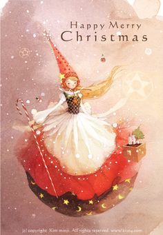 a christmas card with a girl on top of a sleigh in the snow