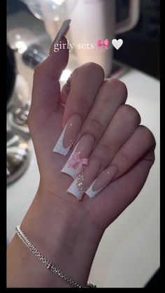 Nail Idea Baddie, Long French Tip With Rhinestones, Graduation Nails Medium, Birthday Square Nails, Acrylic Square Nail Designs, Nail Inspo Square Long, Medium Length Acrylic Nails, White Long Nails, Long Nail Ideas