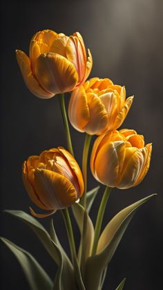 three yellow tulips in a vase on a table