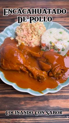 an image of a plate of food with meat and rice on it that reads encachauaatado de poloo