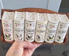 a hand holding a wooden box filled with nine different types of salt and pepper shakers