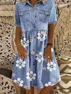 Denim Shirt Dress Women, Printed Denim Dress, Printed Denim Shirt, Denim Button Up Dress, Short Sleeve Floral Dress, Pocket Maxi Dress, Button Shirt Dress, Long Sleeve Short Dress, Maxi Shirt Dress