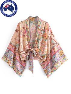 Great shopping ideas for Boho VintageTie Front Floral Print Kimono V Neck Batwing Sleeves Short Robe, Women's Tops Surfer Vibe, Kimono Wrap Top, Kimono Tops, Moda Kimono, Boho Looks, Boho Robes, Boho Queen, Look Boho Chic, Fabric Board