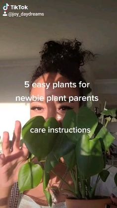 a woman holding up a plant with the words 5 easy plants for newbie plant parents care instructions