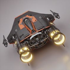 an orange and black vehicle with lights on it