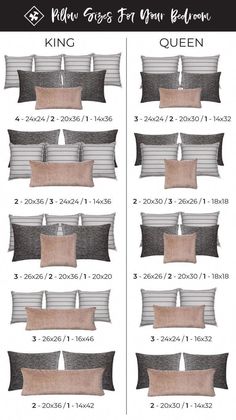 the bedding size guide for king and queen sized pillows