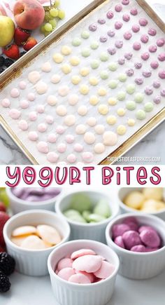 there are several different types of candy in small bowls next to each other with the words yogurt bites on them