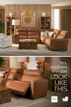 two pictures of a living room with couches and recliners in the same color scheme