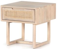 a wooden table with a drawer and wicker basket on the top, against a white background