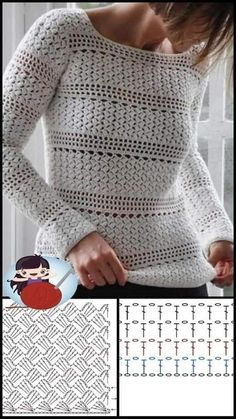 a woman wearing a white sweater with crochet on it and the pattern is knitted