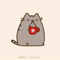 a gray cat holding a red cup with a snowflake on it's head