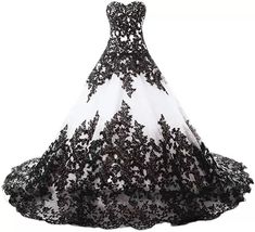 a black and white wedding dress with flowers on the bouncy, is shown