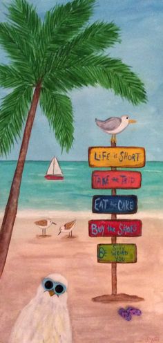 a painting of a white bird sitting on top of a beach next to a palm tree