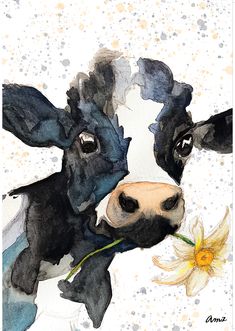 a watercolor painting of a cow with a flower in it's mouth and another cow looking at the camera