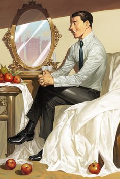 a painting of a man sitting on a couch in front of a mirror with apples around him