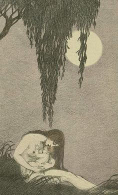 a drawing of a woman laying on her stomach under a tree with the moon in the background