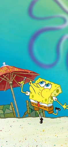 spongebob running on the beach with an umbrella