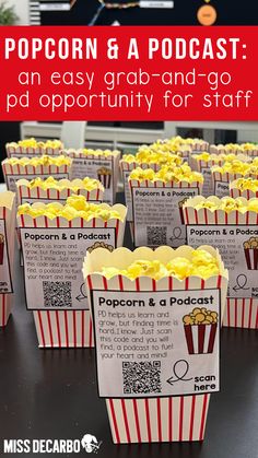 popcorn and a movie ticket with the text popcorn & a podcast an easy grab - and - go pop opportunity for staff