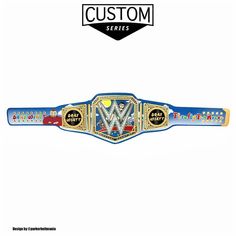 a wrestling belt with the words custom on it and an image of two wrestlers in blue,