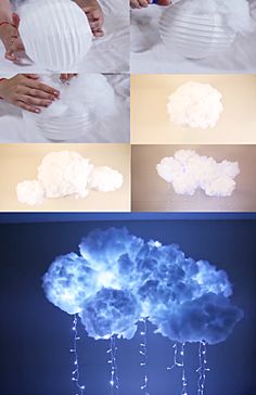 the process of making a cloud lamp is shown in four different stages, including one being blown