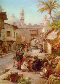 a painting of people in an old city street with palm trees and other items on the ground