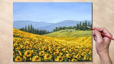 Acrylic Painting Sunflower, Painting Sunflower Field, Sunflower Field Landscape, Sunflower Painting Acrylic, Correa Art, Paint Sunflower, Ocean Art Painting, Field Paint, Sky Art Painting