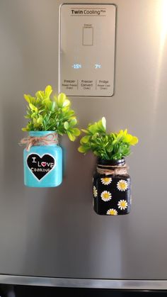 two mason jars with plants in them hanging on the side of a refrigerator
