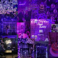 a collage of photos with purple and silver decorations in the center, on display at a party