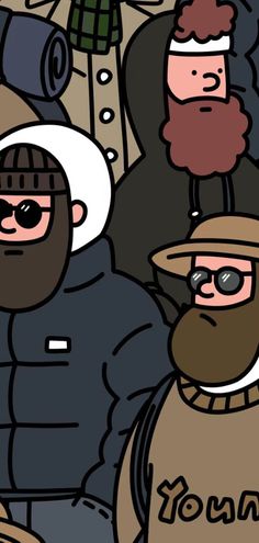 two men with beards and hats are standing in front of other people wearing winter clothing