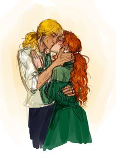 two people that are hugging each other and one is wearing a green dress with red hair