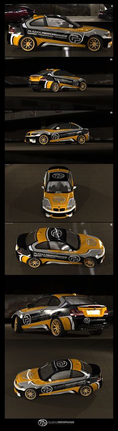 the car is yellow and black with gold stripes on it's sides, as well as