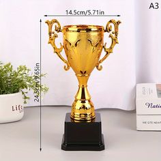 a golden trophy sitting on top of a black stand next to a potted plant