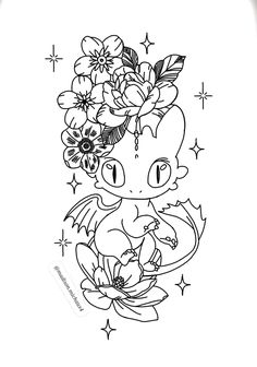 a drawing of a cat with flowers on it's head and stars in the background